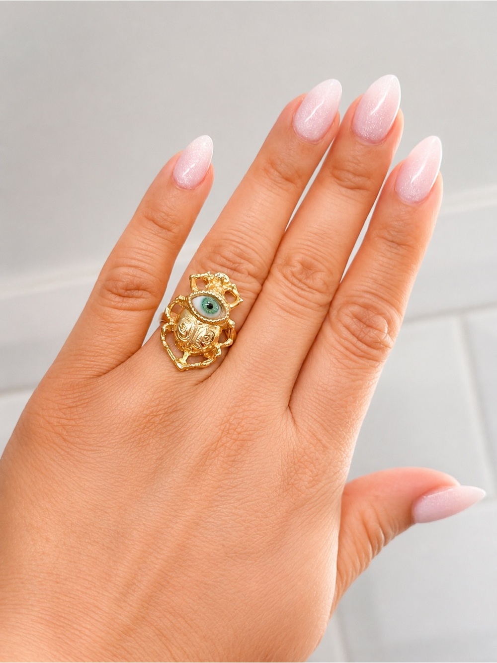 Gold Filigree Ring with Green Eye Accent - Picture 2 of 2